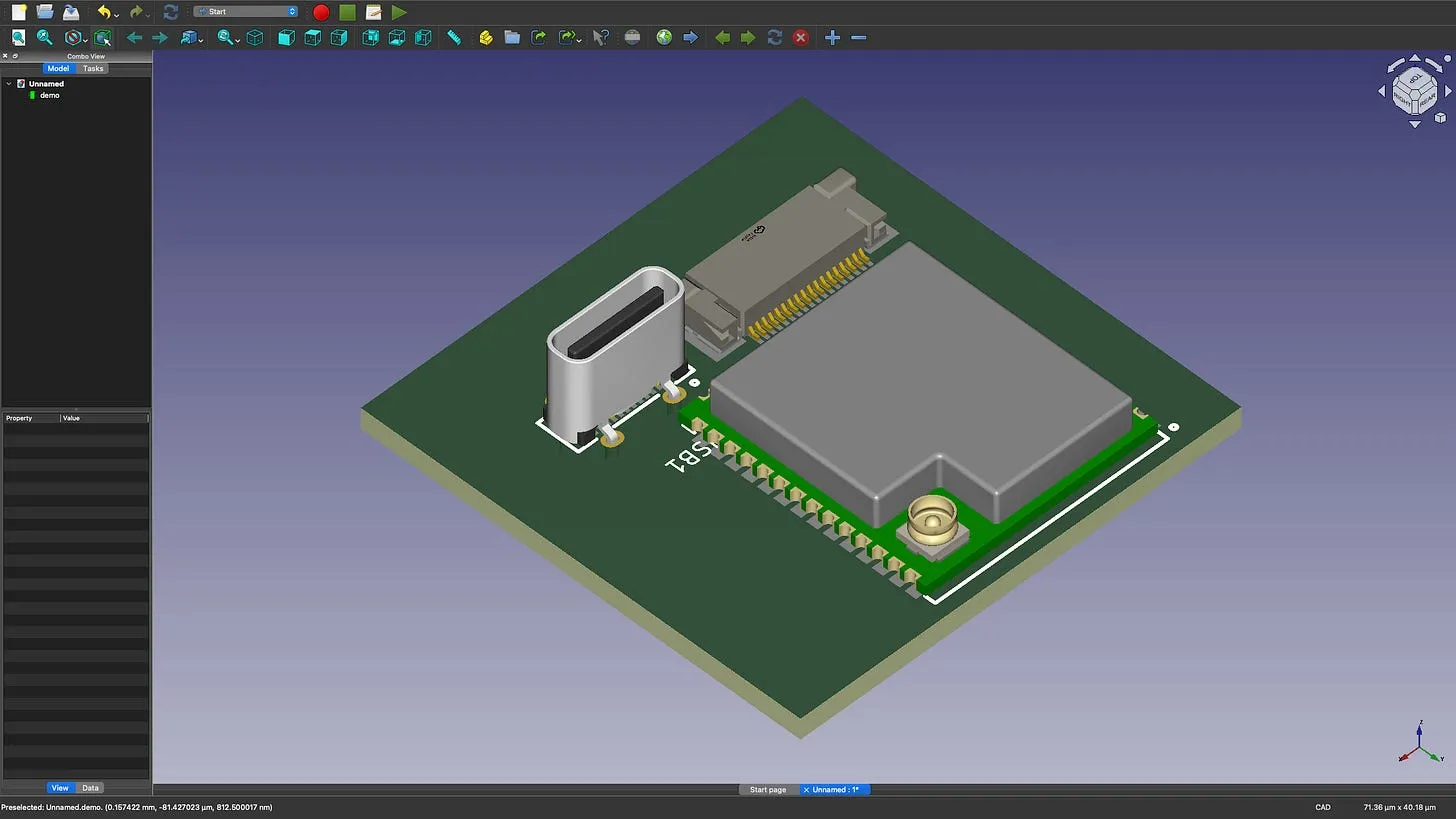 Freecad showing a demo PCB in all its glory
