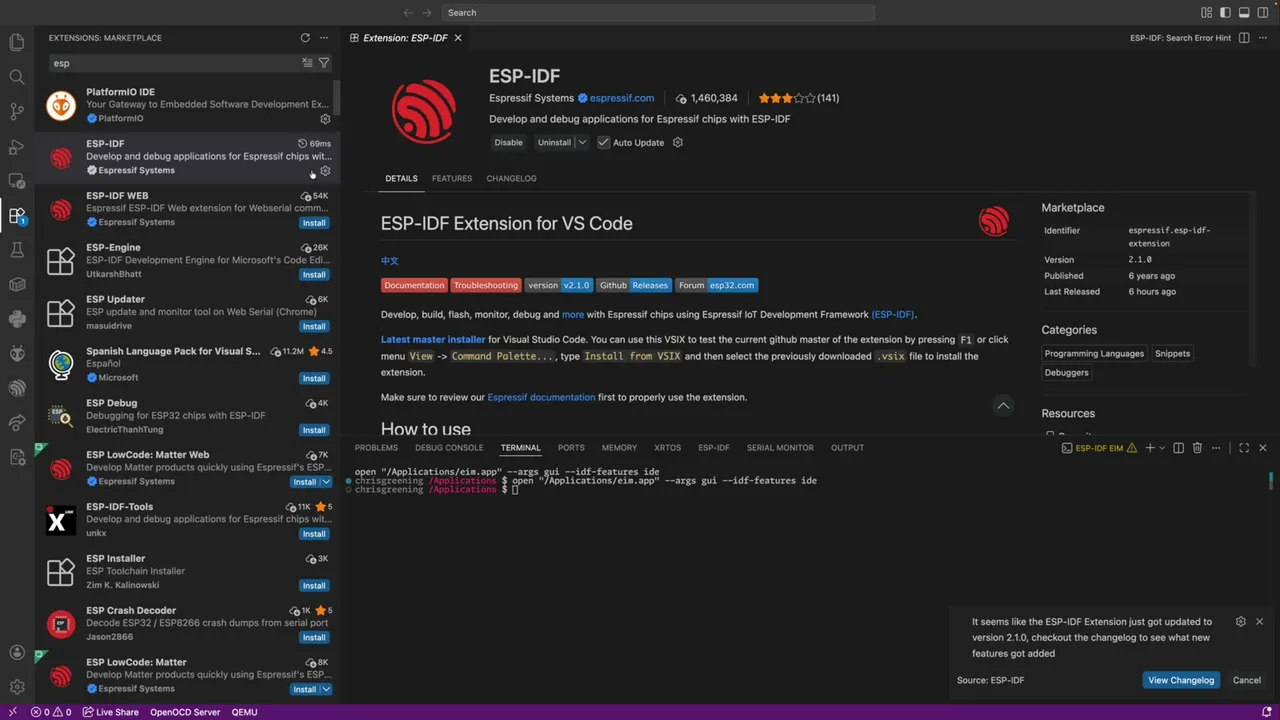 ESP-IDF extension in the VS Code marketplace