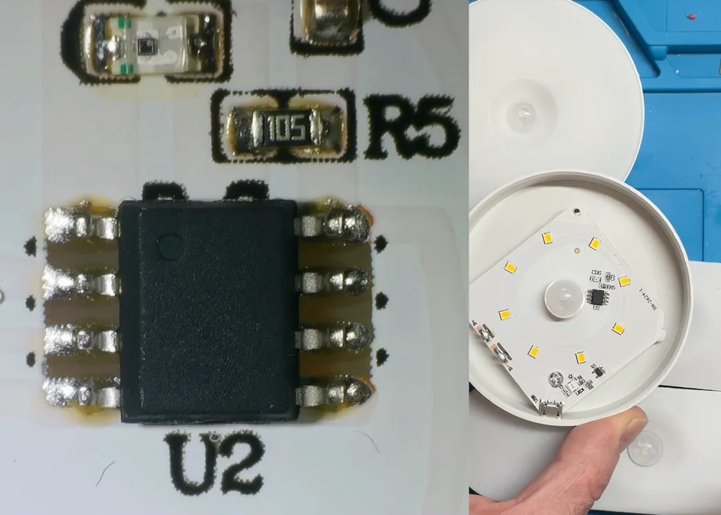 Inside the night light, with U2 mystery chip close-up