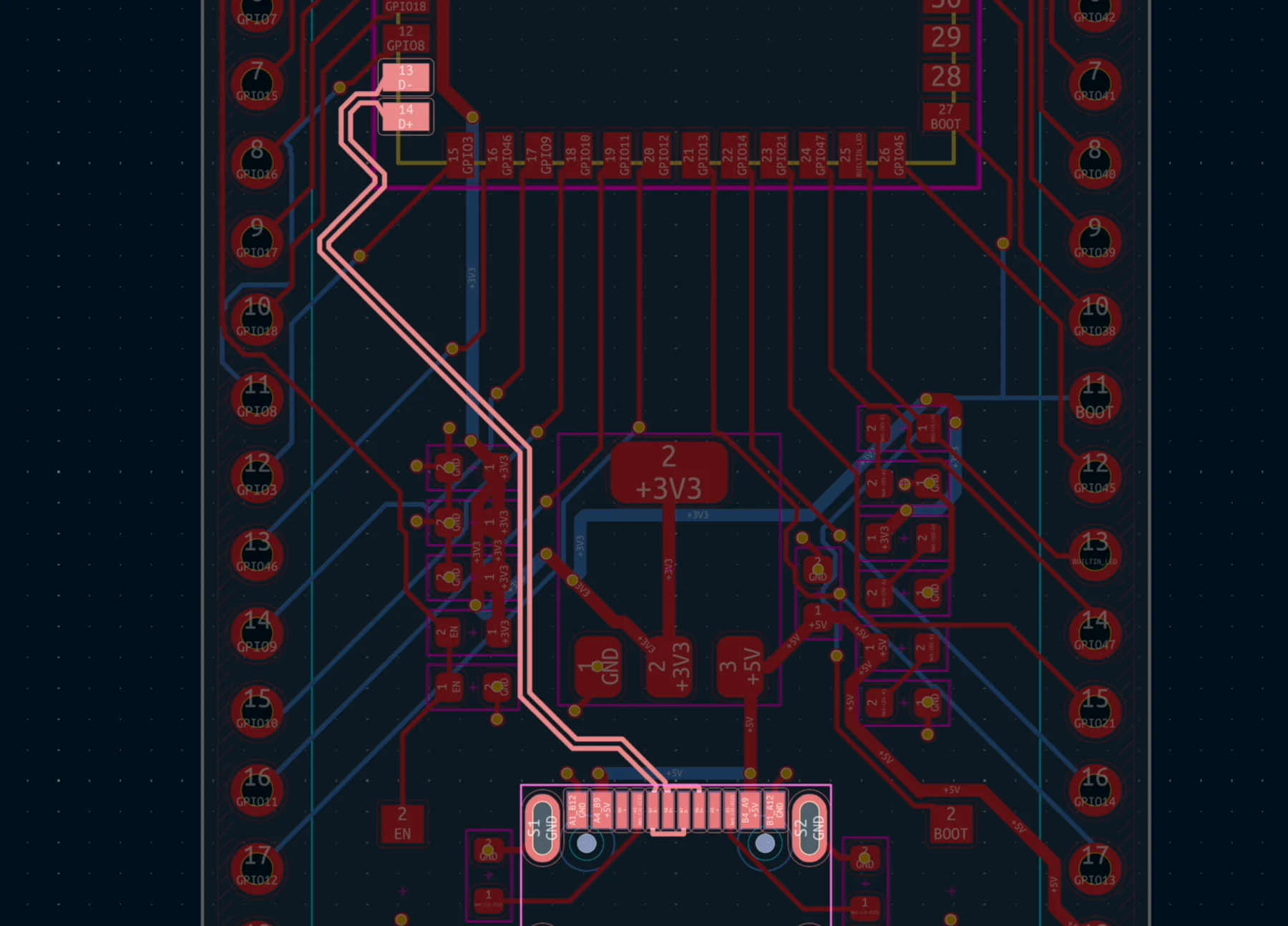 The USB pair routed as a coupled differential pair