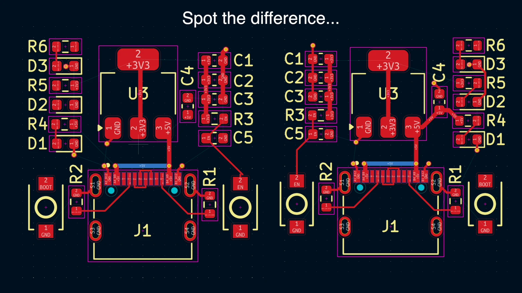 Spot the difference: the two skeletons, same parts, mirrored buttons