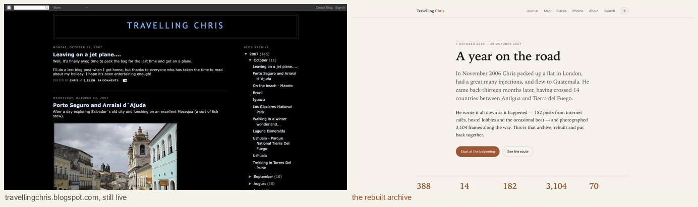 The old Blogspot template beside the rebuilt archive