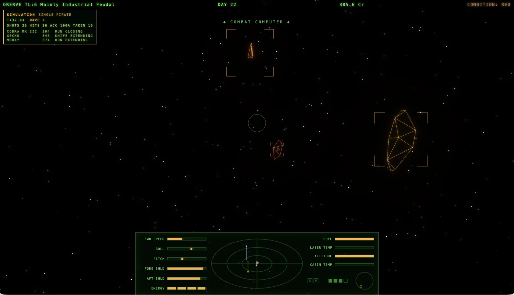 Three pirates at Orerve, condition red - the combat computer earning its keep