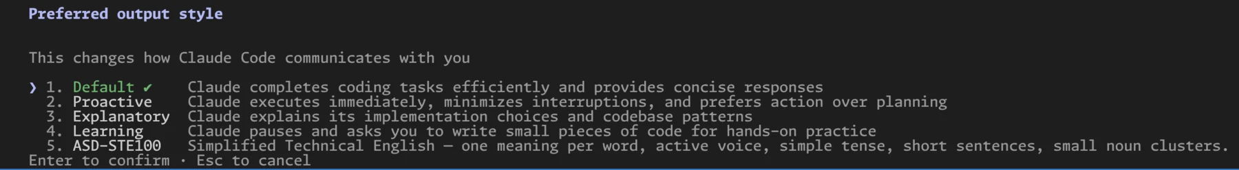 The output style picker in Claude Code, with ASD-STE100 added as a custom style