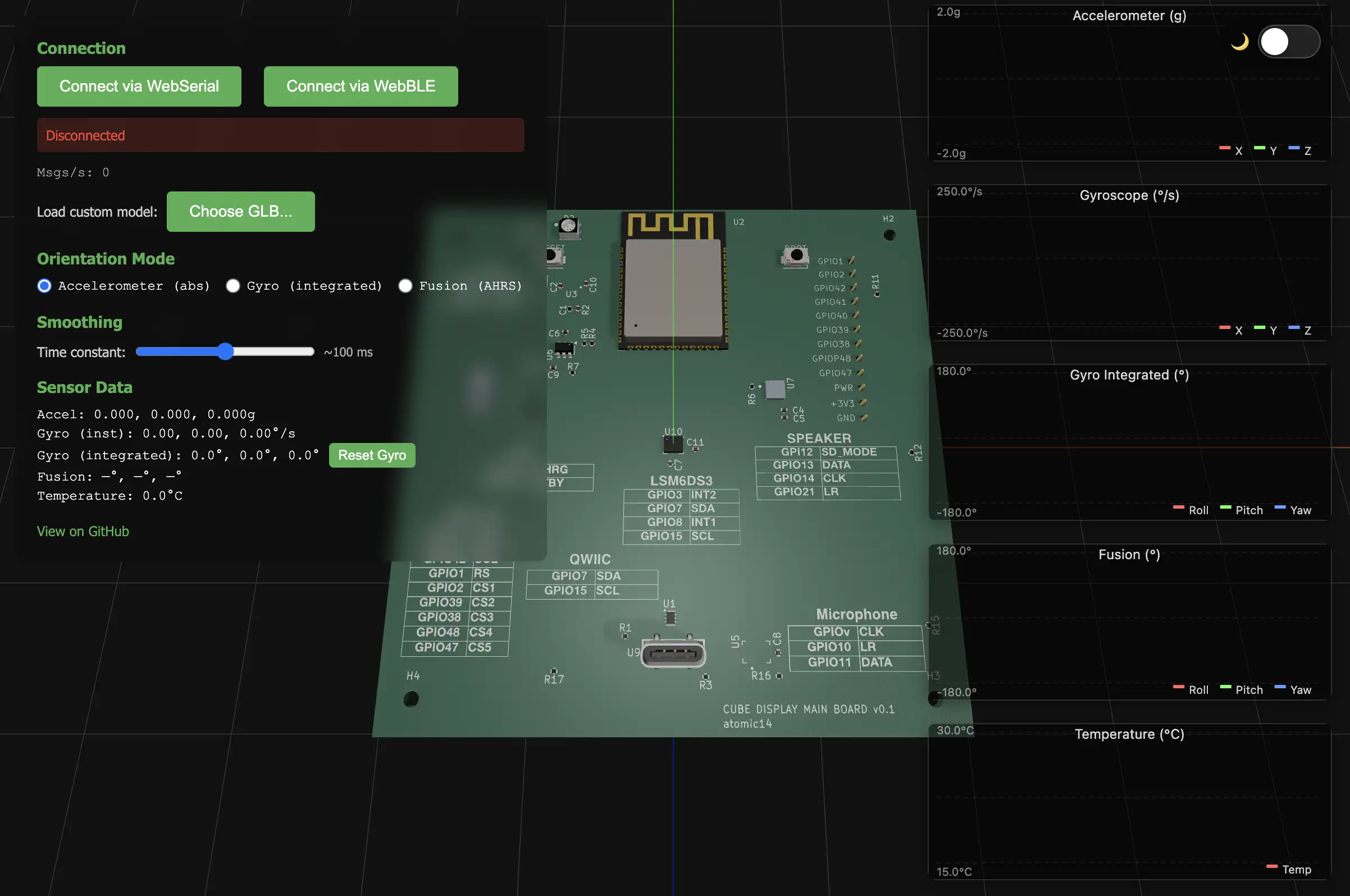 LSM6DS3 Sensor Visualizer displaying accelerometer and gyroscope data
