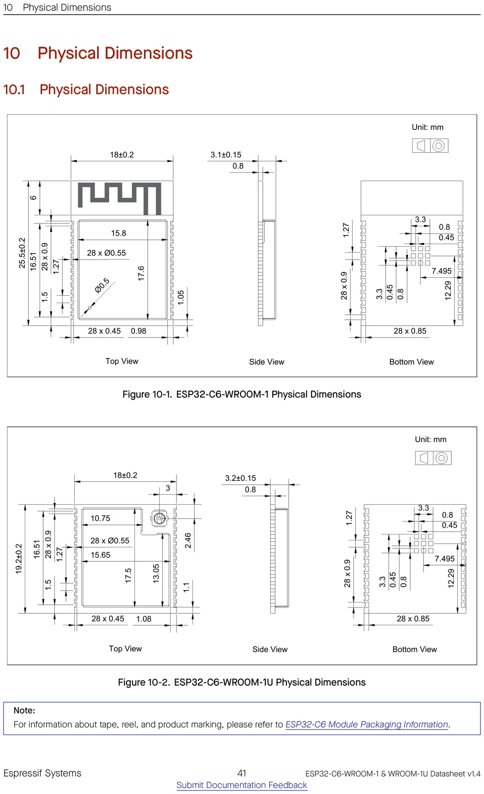ESP32-C6-WROOM-1 physical dimensions drawing