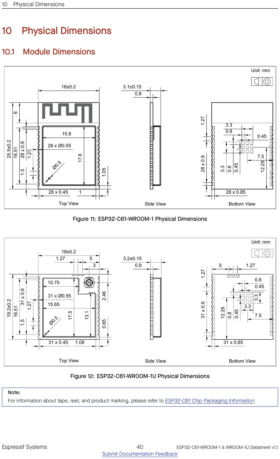 ESP32-C61-WROOM-1 physical dimensions drawing
