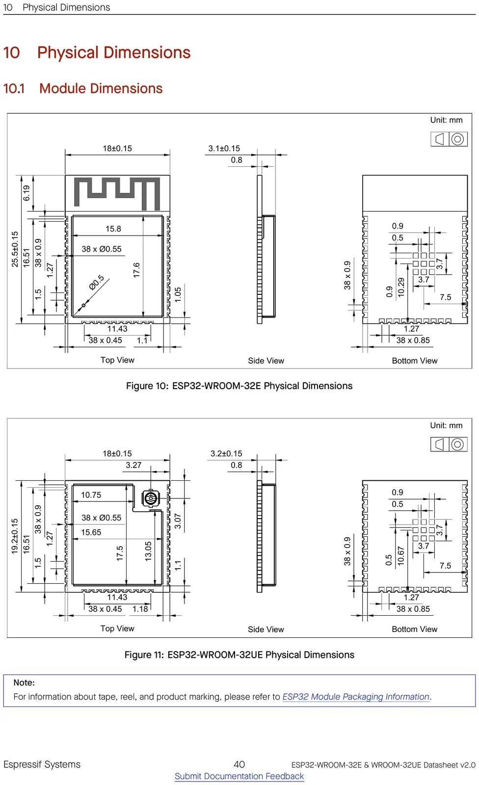 ESP32-WROOM-32E physical dimensions drawing