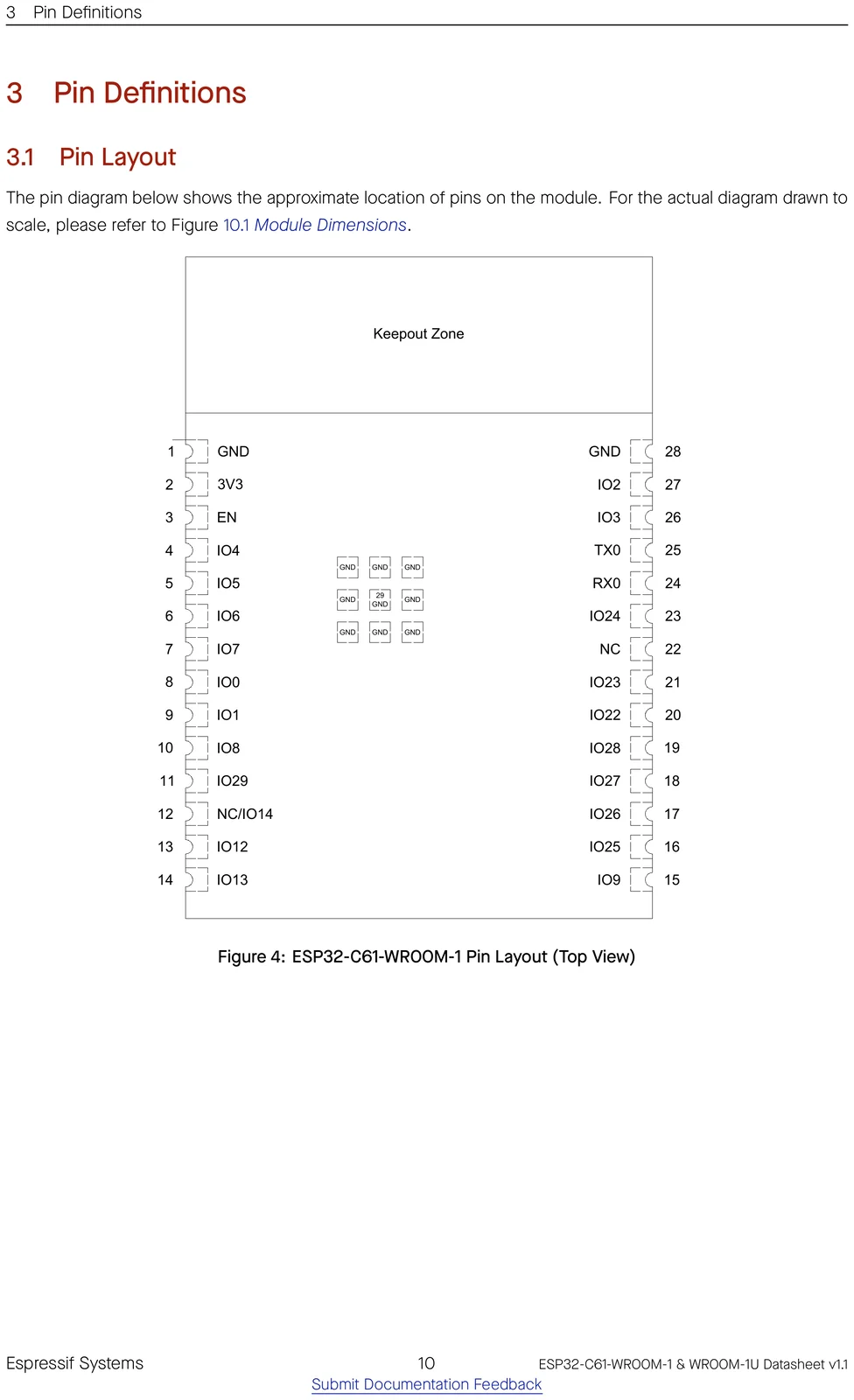 ESP32-C61-WROOM-1 datasheet pin layout (top view)