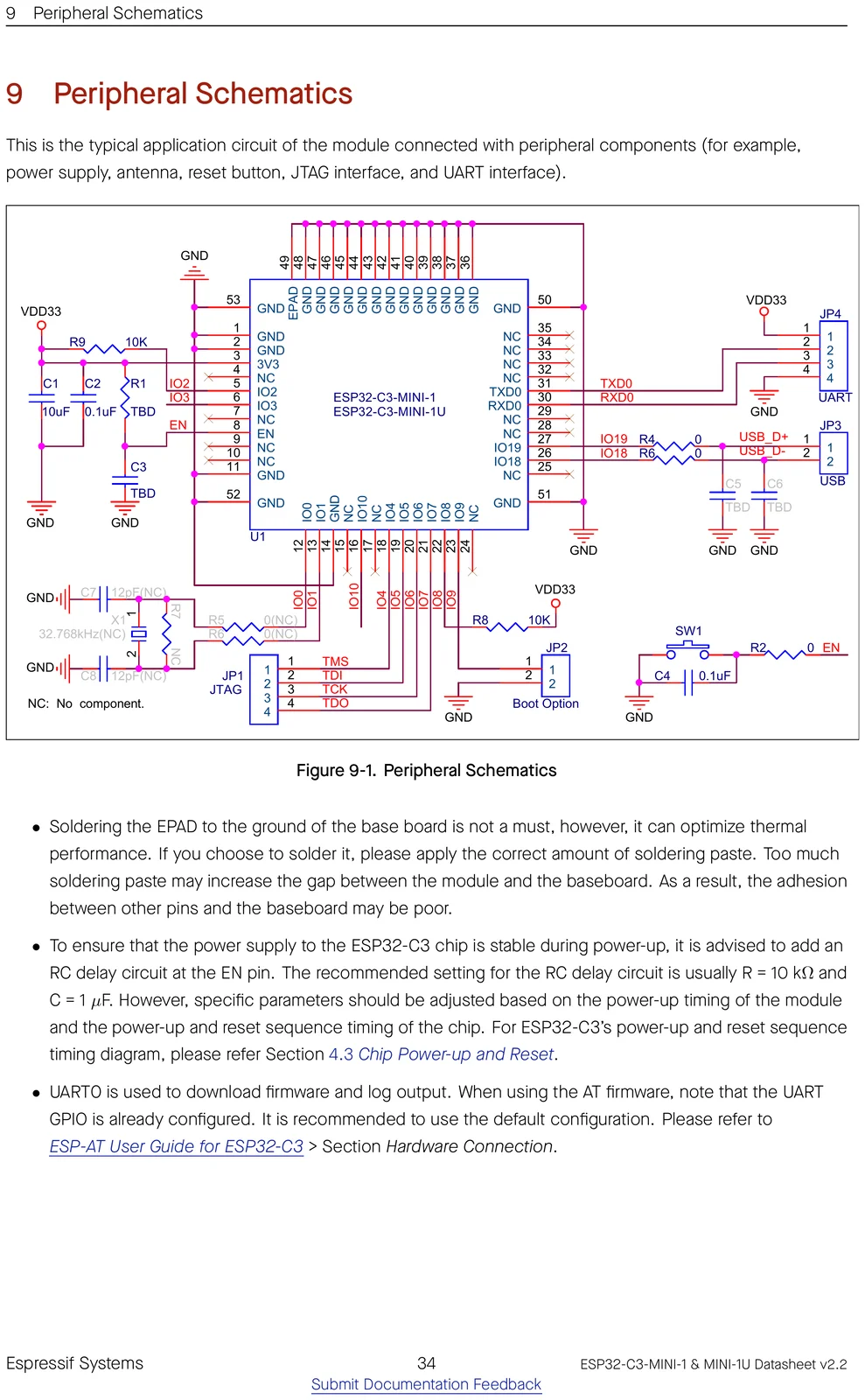 ESP32-C3-MINI-1 peripheral / application schematic showing how to wire the module