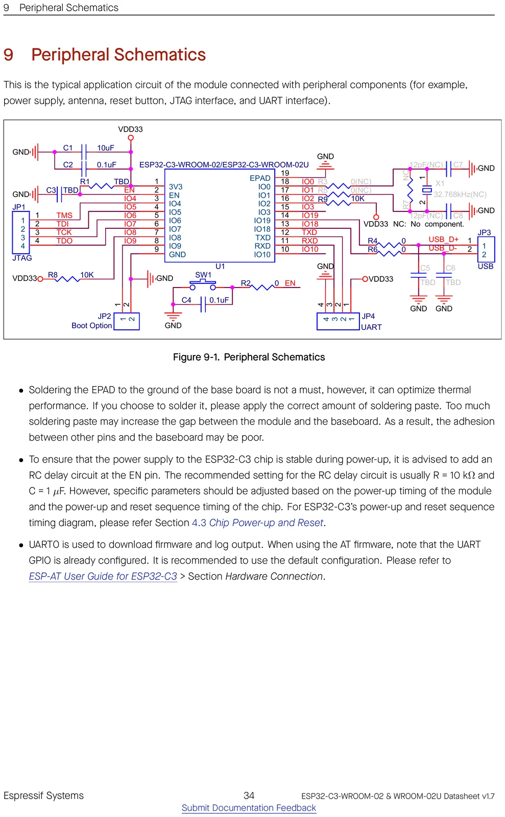 ESP32-C3-WROOM-02 peripheral / application schematic showing how to wire the module
