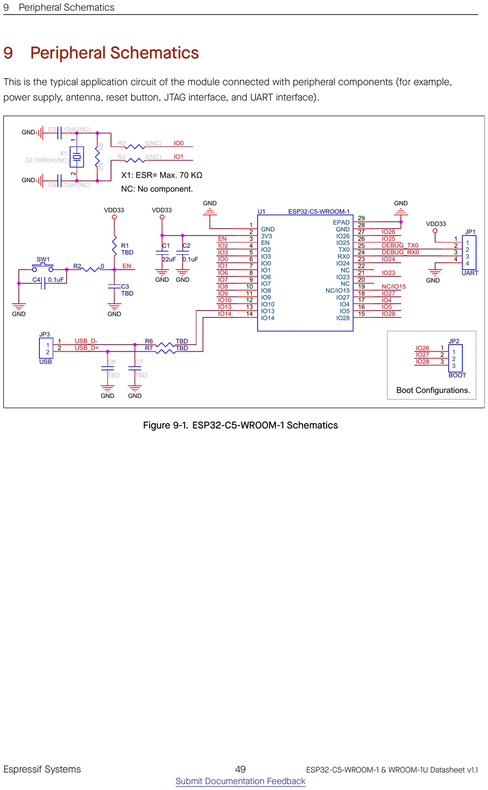 ESP32-C5-WROOM-1 peripheral / application schematic showing how to wire the module