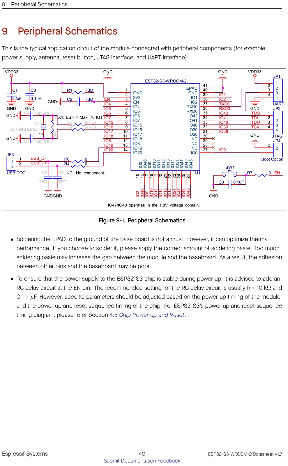 ESP32-S3-WROOM-2 peripheral / application schematic showing how to wire the module
