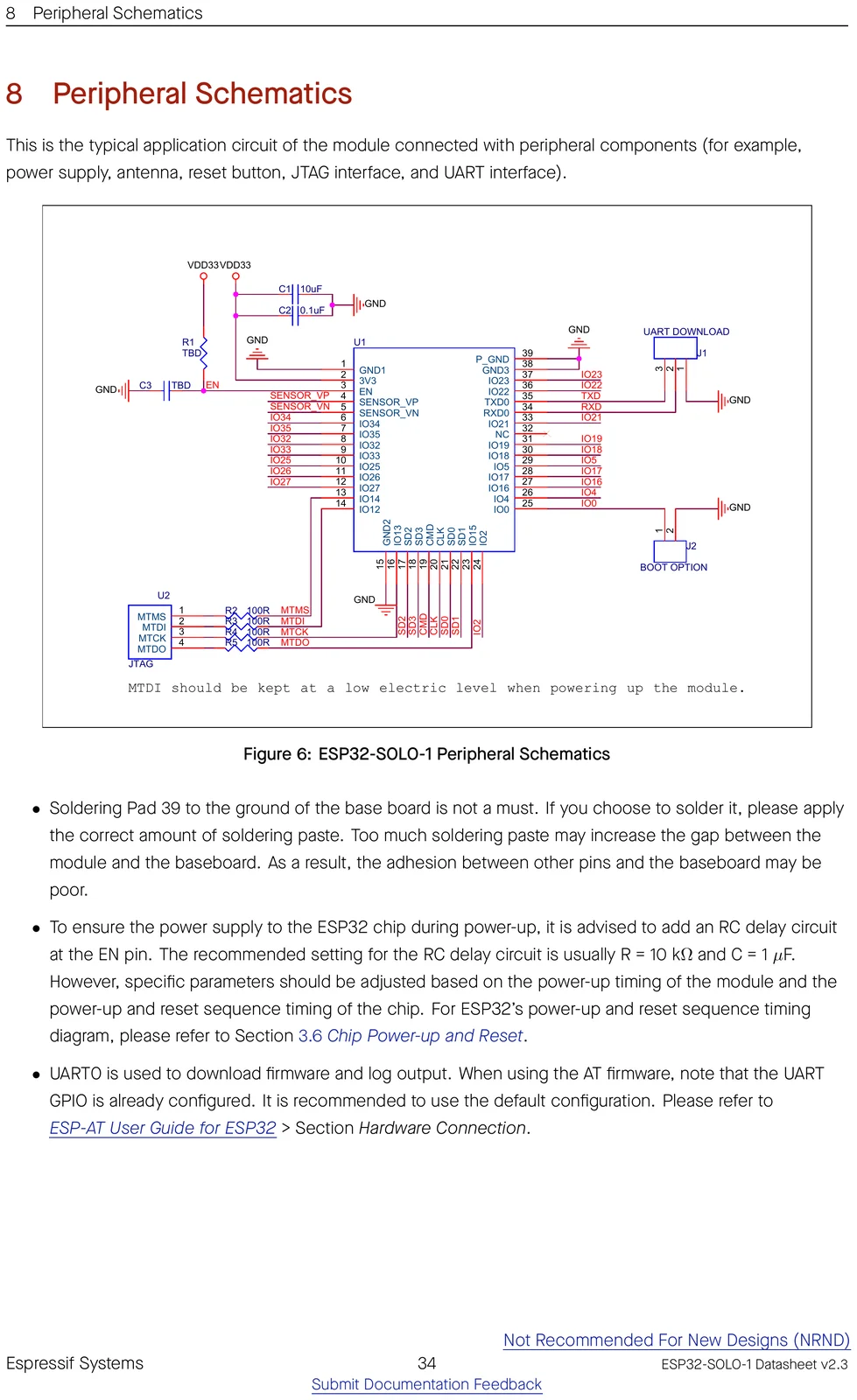 ESP32-SOLO-1 peripheral / application schematic showing how to wire the module