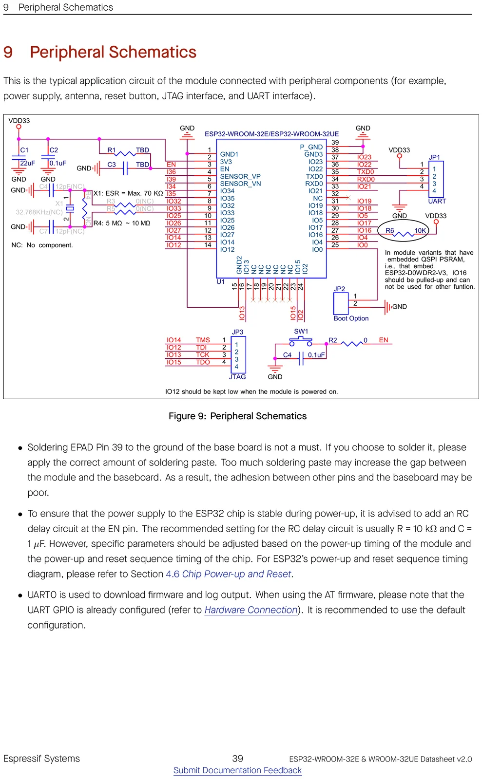 ESP32-WROOM-32E peripheral / application schematic showing how to wire the module