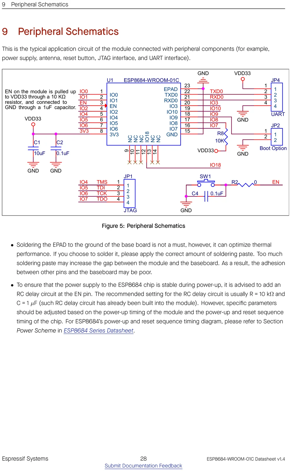ESP8684-WROOM-01C peripheral / application schematic showing how to wire the module
